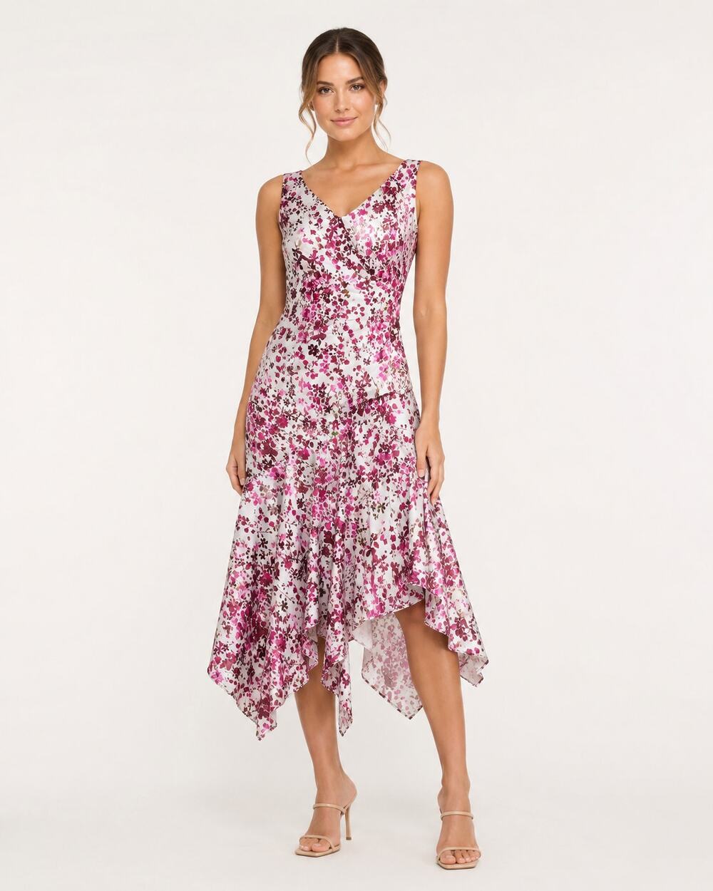 Taylor Floral Satin Midi Dress Women 4 pink Ruched Asymmetrical Handkerchief Hem - Picture 1 of 10
